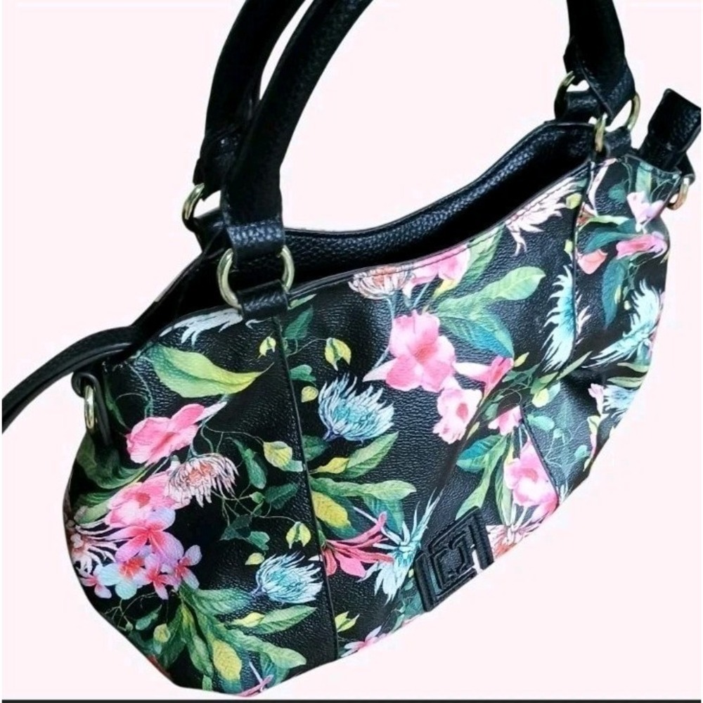 Liz Claiborne Floral Pattern Black Handbag with Silver Hardware Dark Whimsy - Picture 1 of 3